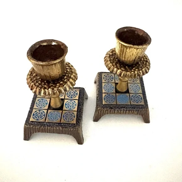 JUDAICA Vintage Candlestick Holders Brass with Blue Enamel - Picture 3 of 4